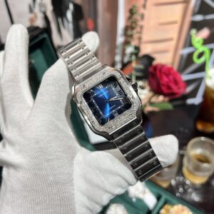 Cartier Santos Độ Kim Cương Moissanite Mặt Xanh Dương BV Factory (1)