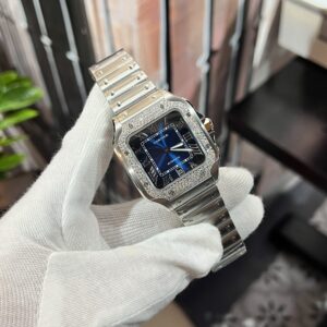 Cartier Santos Độ Kim Cương Moissanite Mặt Xanh Dương BV Factory (1)