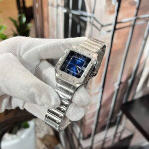 Cartier Santos Độ Kim Cương Moissanite Mặt Xanh Dương BV Factory (1)