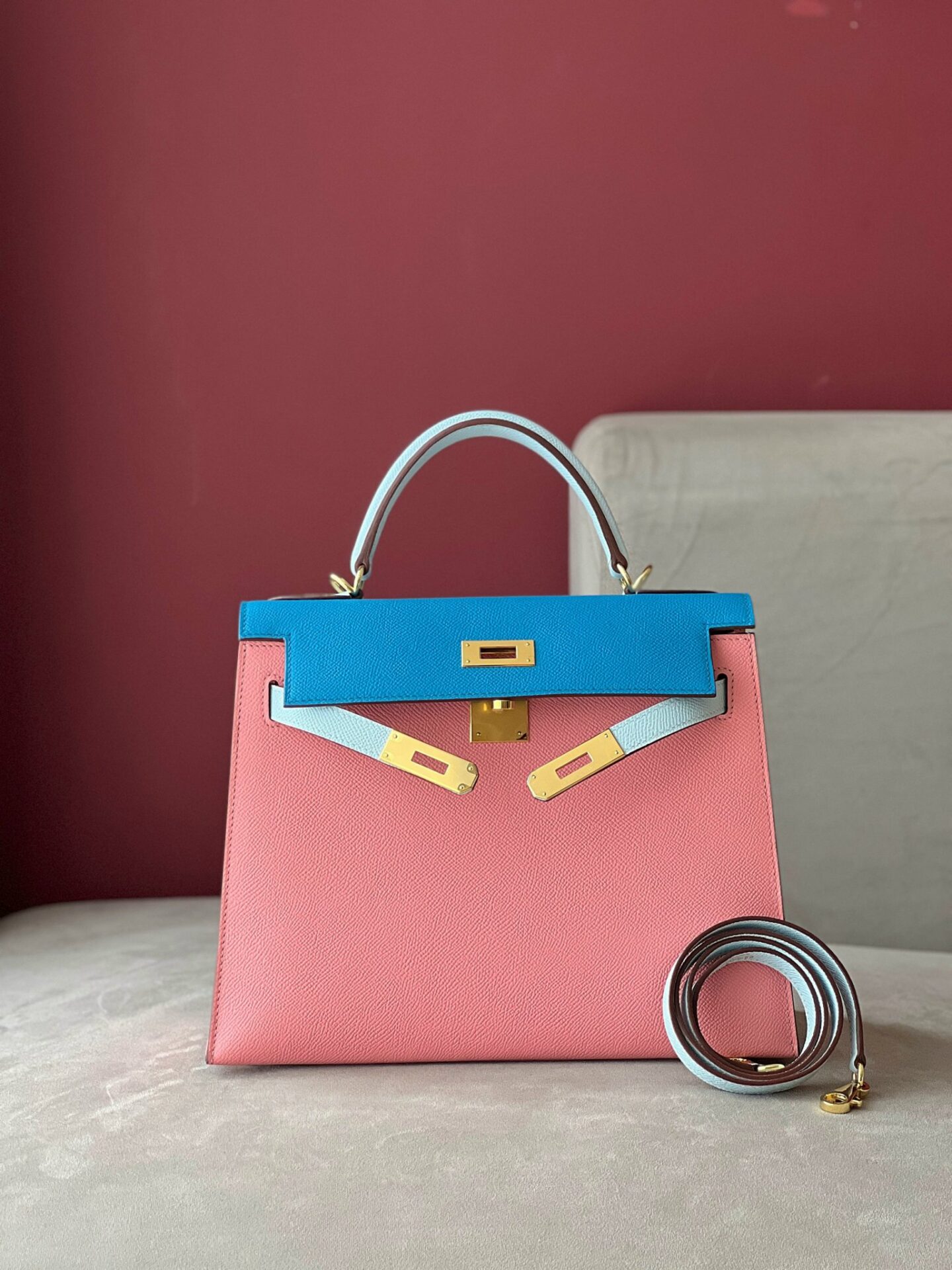 Túi Hermes Kelly Da Epsom Mix 2 Màu Hồng Xanh Rep 11 Cao Cấp 28cm (2)