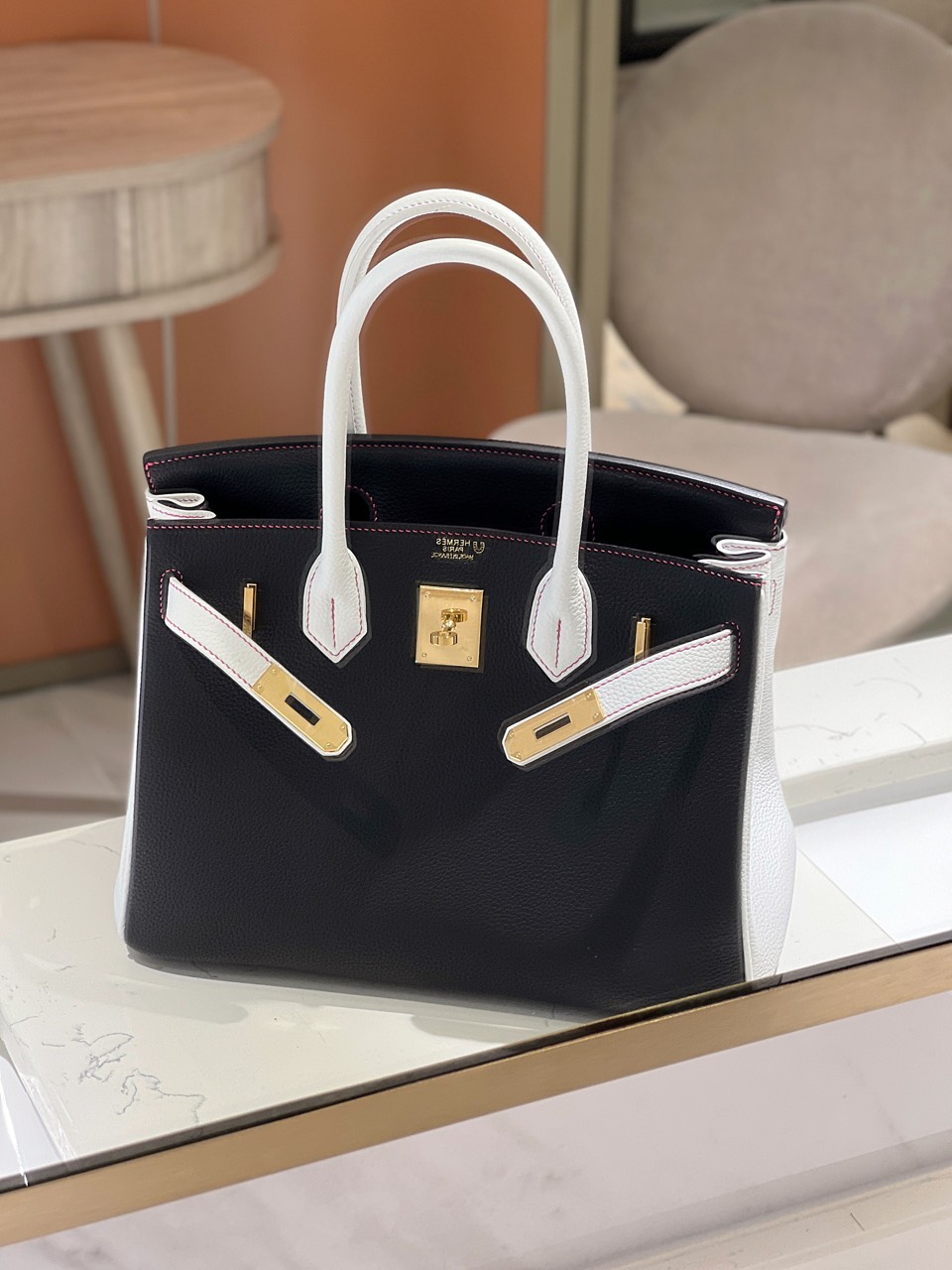 Túi Nữ Cao Cấp Hermes Birkin 30 Togo Ghw Mix 2 Màu Trắng Đen 30cm (2)