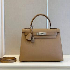 Túi Xách Hàng Hiệu Hermes Kelly Da Epson Màu Nâu Khóa Bạc 28cm (2)