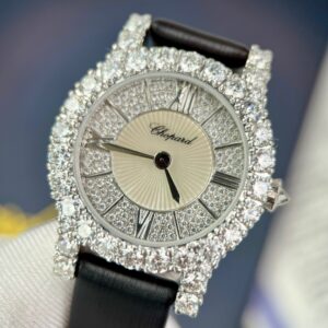 Chopard Đính Kim Cương Moissanite Siêu Cấp Mặt Tròn Dây Da 34mm (1)