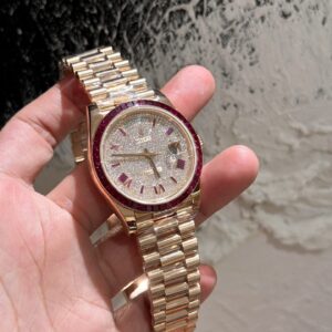 Rolex Day-Date Đính Moissanite Ruby Đỏ Baguette Bọc Vàng 18K 40mm (2)