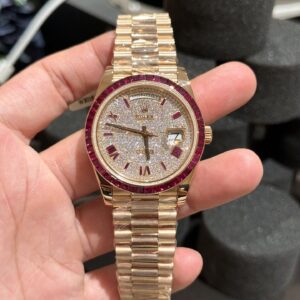 Rolex Day-Date Đính Moissanite Ruby Đỏ Baguette Bọc Vàng 18K 40mm (2)