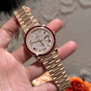 Rolex Day-Date Đính Moissanite Ruby Đỏ Baguette Bọc Vàng 18K 40mm (2)