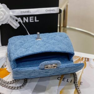 Túi Xách Chanel Flap Vải Casvan Nữ Like Auth Màu Xanh 19cm (2)