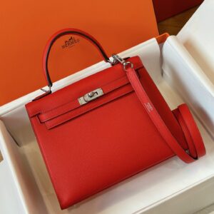 Túi Xách Nữ Hermes Kelly Da Epsom Like Auth Màu Đỏ Khóa Bạc 25cm (2)
