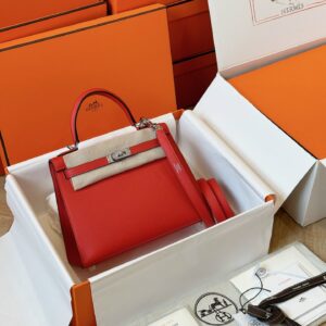 Túi Xách Nữ Hermes Kelly Da Epsom Like Auth Màu Đỏ Khóa Bạc 25cm (2)