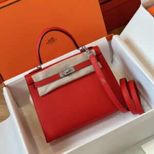 Túi Xách Nữ Hermes Kelly Da Epsom Like Auth Màu Đỏ Khóa Bạc 25cm (2)