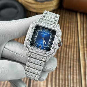 Đồng Hồ Cartier Santos Đính Full Kim Cương Moissanite Mặt Xanh Blue 39 (2)