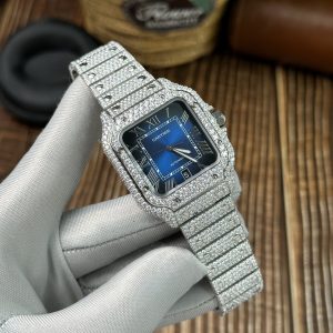 Đồng Hồ Cartier Santos Đính Full Kim Cương Moissanite Mặt Xanh Blue 39 (2)