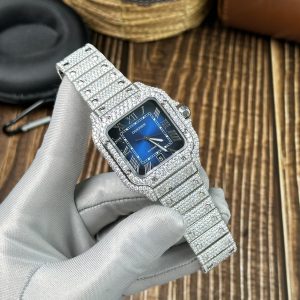 Đồng Hồ Cartier Santos Đính Full Kim Cương Moissanite Mặt Xanh Blue 39 (2)
