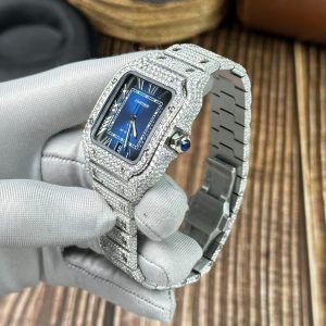 Đồng Hồ Cartier Santos Đính Full Kim Cương Moissanite Mặt Xanh Blue 39 (2)