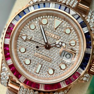 Đồng Hồ Rolex Replica 11 GMT Master II Bọc Vàng Độ Moissanite Sapphire 40mm (1)