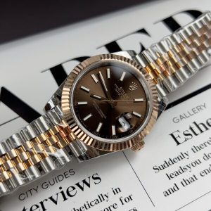 Rolex Rep 11 DateJust Nam Mặt Chocolate Bọc Vàng Hồng 18K GM Factory 41mm (2)