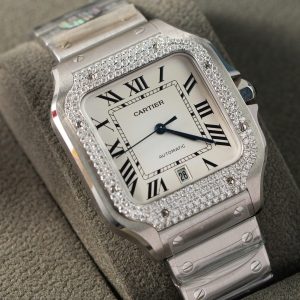 Cartier Santos Rep 11 Cao Cấp Niềng Đính Kim Cương Moissanite Mặt Trắng BV Factory 39 (2)