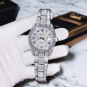 Rolex Chết Tác DateJust Mặt Trắng Full Diamond Moissanite Hong Kong 41mm