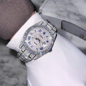 Rolex Chết Tác DateJust Mặt Trắng Full Diamond Moissanite Hong Kong 41mm