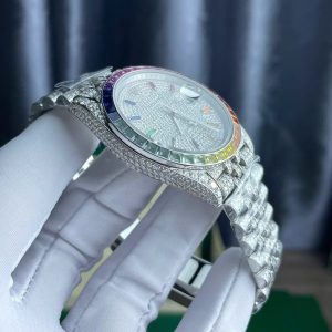 Rolex DateJust Chế Tác Đính Full Kim Cương Moissanite Hong Kong Mặt Xanh Blue 41mm (2)