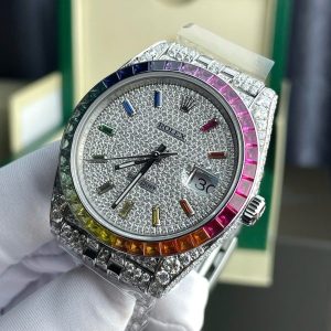 Rolex DateJust Chế Tác Đính Full Kim Cương Moissanite Hong Kong Mặt Xanh Blue 41mm (2)