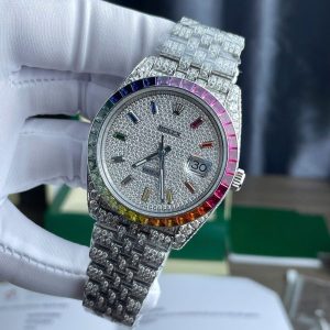 Rolex DateJust Chế Tác Đính Full Kim Cương Moissanite Hong Kong Mặt Xanh Blue 41mm (2)