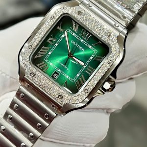 Cartier Santos Chế Tác Đính Kim Cương Moissanite Mặt Xanh Lá Cây BVF 39 (2)