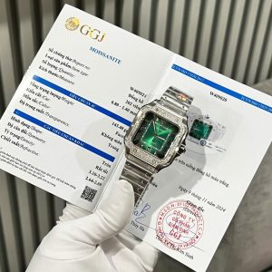 Cartier Santos Chế Tác Đính Kim Cương Moissanite Mặt Xanh Lá Cây BVF 39 (2)