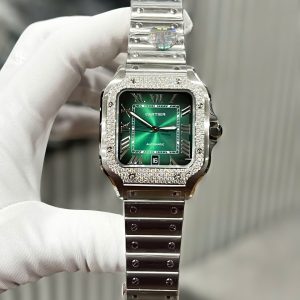 Cartier Santos Chế Tác Đính Kim Cương Moissanite Mặt Xanh Lá Cây BVF 39 (2)