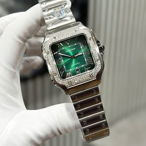 Cartier Santos Chế Tác Đính Kim Cương Moissanite Mặt Xanh Lá Cây BVF 39 (2)