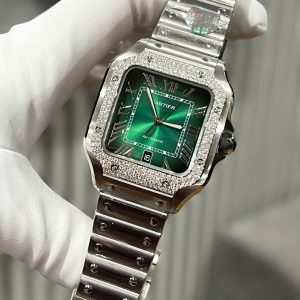 Cartier Santos Chế Tác Đính Kim Cương Moissanite Mặt Xanh Lá Cây BVF 39 (2)