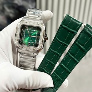 Cartier Santos Chế Tác Đính Kim Cương Moissanite Mặt Xanh Lá Cây BVF 39 (2)