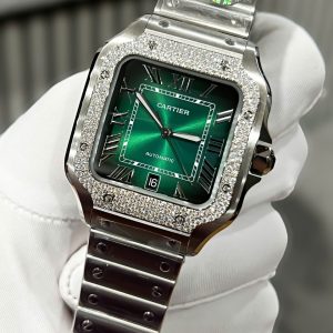 Cartier Santos Chế Tác Đính Kim Cương Moissanite Mặt Xanh Lá Cây BVF 39 (2)