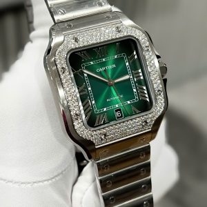 Cartier Santos Chế Tác Đính Kim Cương Moissanite Mặt Xanh Lá Cây BVF 39 (2)