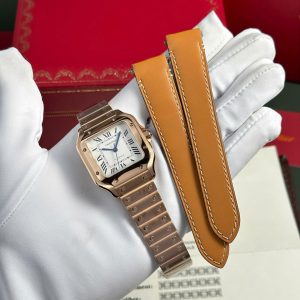 Cartier Santos Nữ Mặt Trắng Rep 11 Cao Cấp Mạ Vàng Hồng Nhà Máy BV 35mm (2)