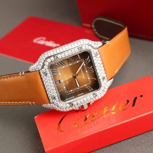 Cartier Santos Chế Tác Mặt Nâu Đính Kim Cương Moissanite Nhà Máy BV 39 (2)