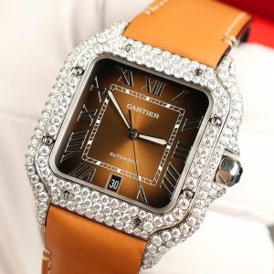 Cartier Santos Chế Tác Mặt Nâu Đính Kim Cương Moissanite Nhà Máy BV 39 (2)