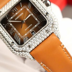 Cartier Santos Chế Tác Mặt Nâu Đính Kim Cương Moissanite Nhà Máy BV 39 (2)