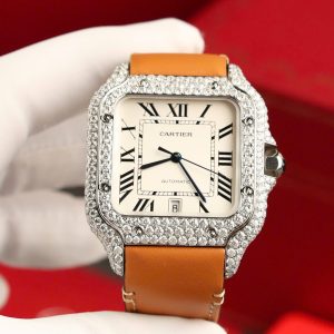 Cartier Santos Chế Tác Mặt Trắng Đính Kim Cương Moissanite Nhà Máy BV 39 (2)