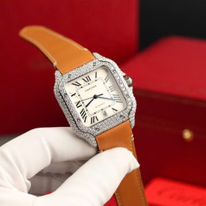 Cartier Santos Chế Tác Mặt Trắng Đính Kim Cương Moissanite Nhà Máy BV 39 (2)