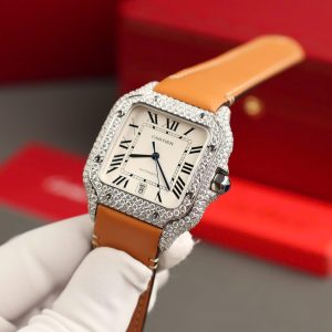 Cartier Santos Chế Tác Mặt Trắng Đính Kim Cương Moissanite Nhà Máy BV 39 (2)