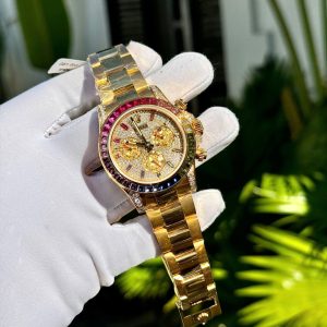 Đồng Hồ Rolex Daytona Rainbow Bọc Vàng 18K Đính Moissanite Đá Quý Tổng Hợp 40mm (8)
