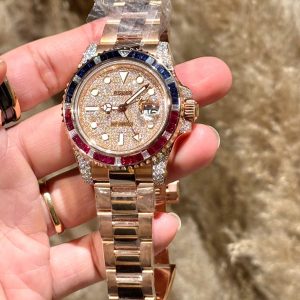 Đồng Hồ Rolex GMT-Master II 126755 Chế Tác Đá Quý Bọc Vàng Hồng 18K 40mm (1)