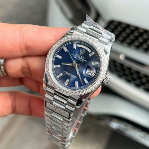 Rolex Day-Date Replica 11 Mặt Xanh Blue Viền Đính Kim Cương Moissanite Nhà Máy QF 36mm (2)