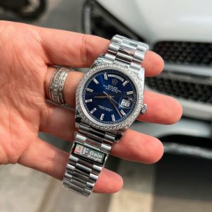 Rolex Day-Date Replica 11 Mặt Xanh Blue Viền Đính Kim Cương Moissanite Nhà Máy QF 36mm (2)