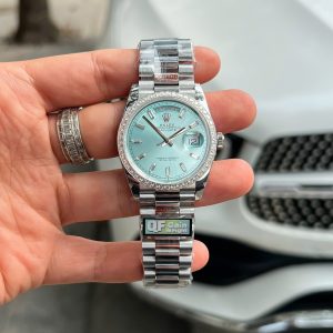 Rolex Rep 11 Day-Date Mặt Xanh Băng Trọng Lượng 158 Gram Viền Đính Kim Cương Moissanite QF 36mm (2)