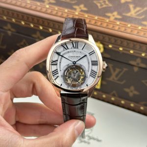 Cartier Drive Tourbillon Chế Tác Mặt Số Vân Guiloche Dây Da Nâu 41mm (2)
