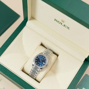 Rolex DateJust Lady Replica 11 Mặt Xanh Blue Viền Đính Đá 31mm (1)