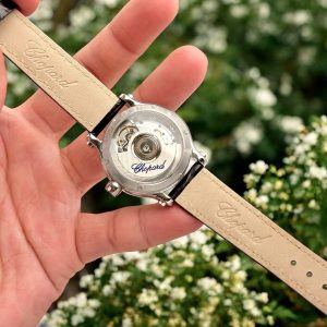 Đồng Hồ Chopard Replica Cao Cấp Happy Sport Mặt Đá Xoay Dây Da Đen 36mm (1)