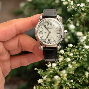 Đồng Hồ Chopard Replica Cao Cấp Happy Sport Mặt Đá Xoay Dây Da Đen 36mm (1)